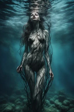 Underwater, girl, fullbody, his skin turned translucent revealing a network of black veins that extended like roots, ragged clothes, 8k, macro photography,