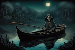 on the dark river in a boat the crepy boatman is the death goes for the souls of the dead people, surreal style, dark colors, strange landscape, detailed, sinister, depressive, surreal style crepy stunning