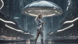 A slim young woman in a silver catsuit with circuitry, standing in a futuristic alien city holding an umbrella shaped like a mushroom with tentacles