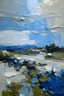 Minimalist English landscape in shades of blue and white thick impasto oil strokes in the style of frank Auerbach
