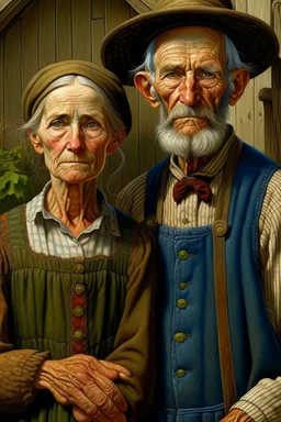 Color Portrait of an old Appalachian farmer couple early 1900s, beautiful painting with highly detailed face by greg rutkowski, Lee Jeffries, magali villanueve Modifiers: extremely detailed oil on canvas photorealistic New Age: American Gothic An elderly couple in vintage farm attire stand before a barn, the woman holding a basket of fruit and the man clutching a pitchfork.