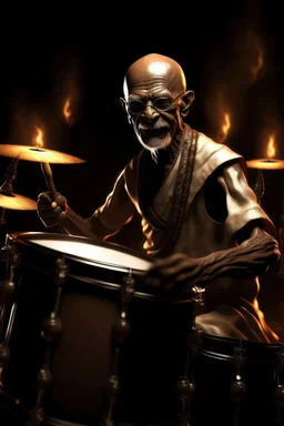 4K realistic, Gandhi playing drums in a metal band, black background, bright flames all around