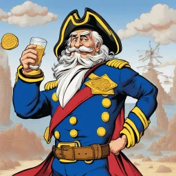 an old Captain Crunch standing in a Captain Morgan pose