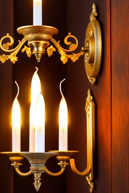 antique wall sconce with burning candle, close up photography, wood, on white background, ultra detailed, geometric details, in the style Medieval , Canon EOS, 35mm lens, 8k, photorealistic, --ar 2:3