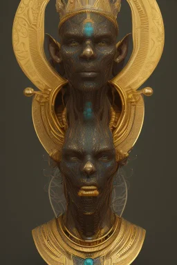 shiny black male African Egyptian alien, cracks in the voodoo head, wicked, eyes, crown, Elephant, 8k, finely detailed, photo realistic, tiger turquoise skull head gold dragon space alien snow skeleton gold fang teeth silver crown silver eyes