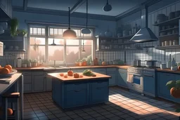Depict a neat minimalistic suburban kitchen with a bright window and cute decorations. Introduce eerie elements like flickering lights casting unsettling silhouettes, fruits that morph from fresh to rotten in seconds, or kitchen utensils arranged in odd, almost ritualistic patterns. anime visual novel style