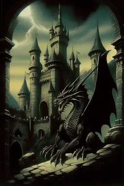 70s dark fantasy art, illustration of a black dragon in a castle