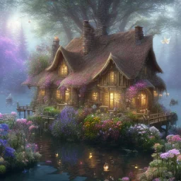 high-quality, fine-detail beautiful magical cottage with a clear, reflective lake, flowers, butterflies, small globes of iridescent light, tranquil, gorgeous, 8k resolution, 3D octane render, intricate, digital art, detailed matte, volumetric lighting, George Grie, Anne Dittman, Anne Stokes, Lisa Parker, Selina French, Alphonese Mucha