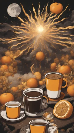 A massive explosion of coffee and smoke, lighting up the night sky with its brilliant oranges and yellows.