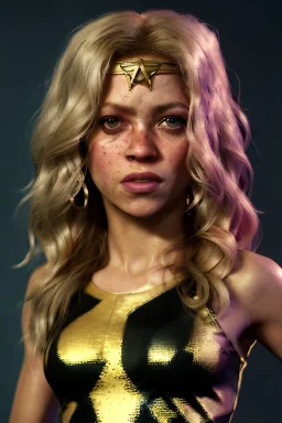 portrait, Shakira, blonde, angry, Realistic image, superhero, retro, watchmen style, gold make-up, blood, sweat, fog, goddess. Black background, photo studio, concept art, smooth, unreal engine 5, god lights, ray tracing, RTX, lumen lighting, ultra detail, volumetric lighting, 3d, finely drawn, high definition, 4k.