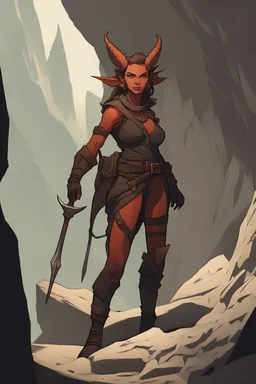 A DnD character. A female horned Tiefling ranger with pointy ears standing in a cave. The Tiefling has a little pterosaurs on her shoulder and a rapier in her hand.