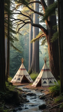 A Native American tents in the wood with a huge trees , river stream in the middle , ,