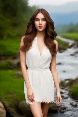 full body shot of realistic, portrait and full body of a woman standing next to rocky river in country side, beautiful face with nice make up, sunlight, cinematic light, bangs, a beautiful woman, beautiful eyes, brown curved hair, perfect anatomy, very cute, princess eyes , (blue eyes) , nice sport shoes ,Centered image, stylized, life size,8k Resolution, low-cut dress with small blue details, human hands, wonder full, elegant, approaching perfection, dynamic, highly detailed, character sheet,