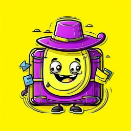 Social Media Design A yellow suitcase has eyes, a mouth, eyes, hands and legs, a cute smiley, wearing a black hat and carrying a passport. Comic shape. . A simple purple background. Give me the image with the best automated atmosphere. Sinai. Darmi. comic