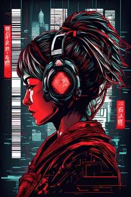 vector t-shirt design ready to print, cyberpunk, illustration profile of red led female samurai in a mask, wearing over head headphones staring down, side view looking to the right, tokyo Japanese background, pro vector, high detail, vibrant, Japanese hologram symbols, barcode design