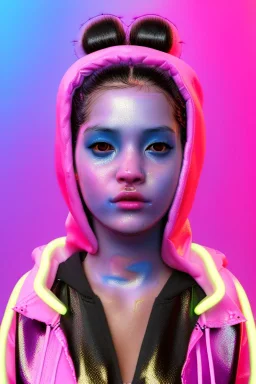 Ultra Realistic image, Rosalía artist, portrait, waist up portrait, long black eye line, sweet face, inflatable hoodie, gold pink and blue geisha style, spray glow make up, led lights, neon, led piercing nose, led ornament, fog, bubble latex coat, vibrant color, highly detailed, art stations, concept art, smooth, unreal engine 5, god rays, ray tracing, RTX, lumen lighting, ultra detail, volumetric lighting, 3d, finely drawn, high definition, high resolution.