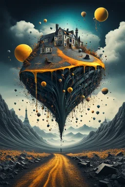 A surrealistic image of the irony of life, where funny and sad things are mixed together in an abstract way. The image is the best ever art creation, with 8k resolution and realistic details. It shows a contrast between the bright and dark sides of life, and how they are both essential and inevitable.