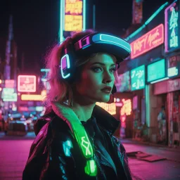 street photography of a woman on the street, night time, cyberpunk neon lights, 16mm , perfect photography, 1980's,vhs footage,wearing futuristic VR, low light,shot by jvc gr-sz7,glitch