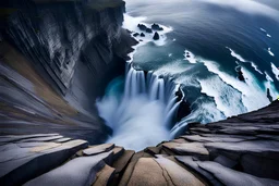 massive intimidating rock cliffs ascend all around and further up out of view. far below, the stormy ocean swirls intimidatingly. The ocean water falls off a waterfall down into a circular pit