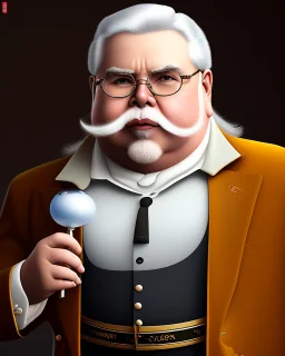 Pintura del pintor Fernando Botero de pie, con gafas redondas y barba blanca pequeña, bigote pequeño, cuerpo completo, arte de tinta, calidad ultra, 8k, cuerpo completo, barba pequeña