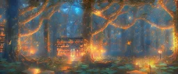 Realistic view a huge library in forest with fireflies and orange mystic lights around trees that have wide leaves and broad trunked