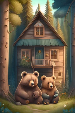 Three bears living in a cozy little house in the woods. Mama Bear, Papa Bear, and Baby Bear in front of the house.