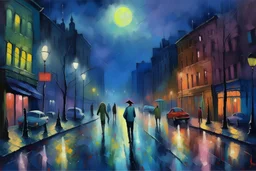 oil paint, people walking at night on a raining street, night lights, colours, trees without leaves, moon behind clouds, extra ordinary details