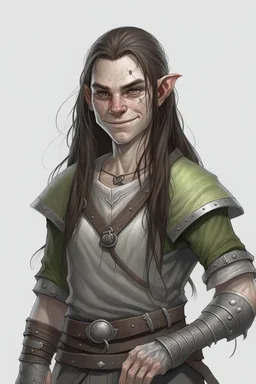 teen woman half orc with gray clothing