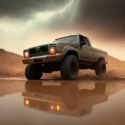 hyperrealistic shot, off-road truck, speeding, earth color palette, sharp focus, puddle reflection, tire water splash, refraction, rain and lightning on the horizon, shadowcast, detailed and intricate, cinematic composition, tilt shift photography