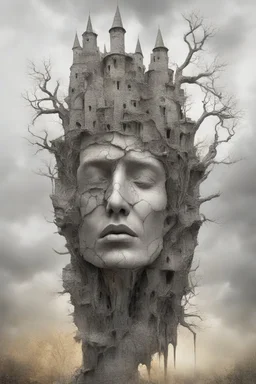 surrealis monochrome A fragmented, surreal sculpture liguid color of photorealistic image 3d,psychedelic art of an castle glossy emerging from dreamlike a crumbling building. The face appears pale with deep cracks and intricate details, evoking a haunting expression. Blackened tree branches intertwine with the gold mengkilat cracks, set against a backdrop of stormy, cloud-filled skies. bauhaus art The overall tone is dark and moody, suggesting themes of decay and transformation.