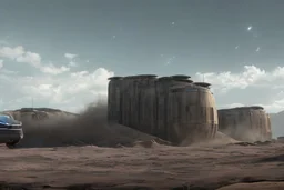 A Tesla 'Semi' (semi truck) is parked, within the trench of the Death Star. (CINEMATIC, WIDE ANGLE LENS, PHOTO REAL)