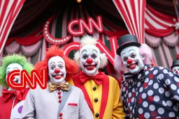 a group of clowns in front of the circus with a CNN logo