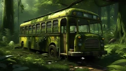 An old school bus abandoned in a lush green forest with dense foliage surrounding it, strange creatures peeking out of the windows and the ground moving with the activity of a multitude of insects.