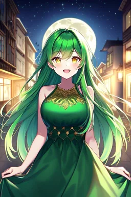 girl, masterpiece, best quality, cinematic lighting, detailed outfit, vibrant colors, perfect eyes, green hair, golden eyes, long hair, green dress, night sky, town, moon, shooting star, sparkle, depth of field, indoors, god rays, glowing light, ray tracing, laughing,