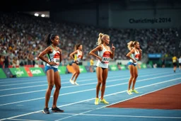 in olympic games a few 100m runner ladyes waiting in start pose to start the game