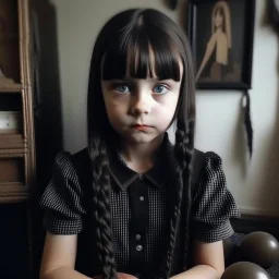 Cute wednesday addams as a child, braids, a frange, with a black rabbit, worn polaroid, 1970s, empty room, no emotion on her cold face