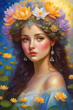 a painting of a woman with flowers in her hair, beautiful fantasy art portrait, beautiful fantasy portrait, realistic cute girl painting, beautiful fantasy painting, by Victor Nizovtsev, beautiful portrait oil painting, portrait of fairy princess, in stunning digital paint, portrait painting of a princess, gorgeous painting, lotus floral crown girl, detailed beauty portrait, girl in flowers