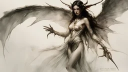 Demonic Elves with Wings, Luis Royo Style, Full Body Shot, Hyperrealistic, Photorealistic, Instant Details, darkness, by Raymond Swanland & Alyssa Monks & Anna Razumovskaya