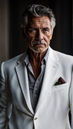 Portrait of a handsome older italian gentleman wearing crisp white linen suit, and an open necked shirt. His dark hair is peppered with grey, his neatly trimmed beard is dark and peppered with grey