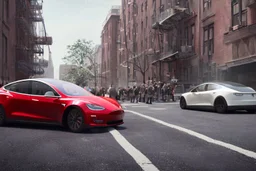 A Tesla 'Model Y' is racing at top speed, in Greenwich Village, in Manhattan. CINEMATIC. WIDE ANGLE LENS. PHOTO REAL.