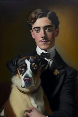 Make me a oil portrait of a very rich person that is 27 Years old from 1920 with a dog