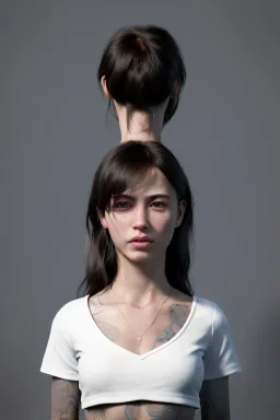 Ultra Realistic image, 25 years old brunette woman, Madrid, portrait, small stature, small chest, yakuza body tattoo, white broken cotton short undershirt, black short legging, vibrant color, highly detailed, art stations, concept art, smooth, unreal engine 5, god rays, ray tracing, RTX, lumen lighting, ultra detail, volumetric lighting.