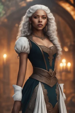 young mulatto elven woman, with wavy snow white hair, with elf ears