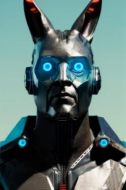 Medium Close Up Portrait, Front image. cyborg, cyberpunk, rabbit mask, strong man, short hair and beard. Carbon suit army. Red, blue, color. camouflage style. Neon, Color background, photo studio. highly detailed, concept art, smooth, unreal engine 5, ray tracing, RTX, lumen lighting, ultra detail, volumetric lighting, 3d, finely drawn, high definition, high resolution.