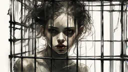 Scary young girl in a cage, post-apocalypse, dark style, Luis Royo & Raymond Swanland & Alyssa Monks & Anna Razumovskaya & Benedick Bana