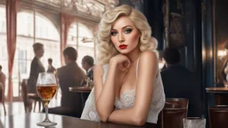 Russian prostitute 30 years old in a bar in Paris, brandy, sleeveless open dress, lace, 1917, public, 3d, 64k, high resolution, high detail, fine rendering, computer graphics, hyperrealism, f/16, 1/300 sec. digital painting,