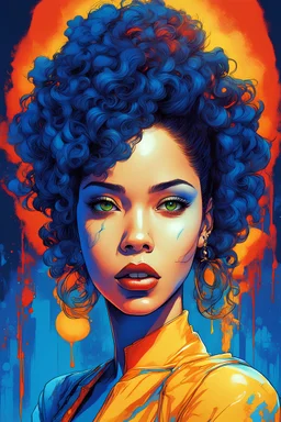 Alicia Keys stylized surreal horror manga digital painting, triadic colors: royal blue, cyan, ultramarine, bright orange, yellow, russian red. A surreal retro horror manhwa girl, in the style of junj, in pen and ink. Interacting naturally with the environment. Highly detailed. Hyper-realistic, comic book style, bold manga limes. Cool toned vibrancy. In the style and aesthetics of rlon wang, tomer hanuka, andreas lie, satoshi kon, meg chikhani, android jones, victo ngai, jeff soto