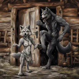 fantasy digital art of a very sad young anthro wolf kicked out of the house, she have wolf face gray hairy wolf body and wears just a short canvas rag around her waist , she have sadly face , rain , behind she an tall angry anthro wolf man in dark gray body hairy kicks she out the door with his foot, behind in rustic halb open door in an massive wooden house, rainy day, detailed, fantasy mood