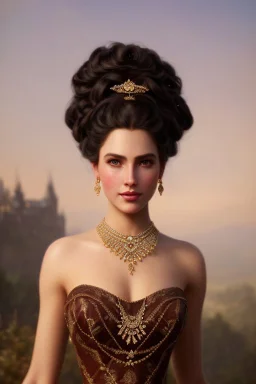 long shot beautiful and gorgerous duchess with incredible jewellery in 19th century clothing by Greg Rutkowski and Artgerm and Emile Vernon and Vladimir Volegov, in a brown dress, mystical castle background, art illustration, natural beauty, muted colors, pastels, perfect fingers, higly detailed, expressive, high detail, symmetrical, digital painting, symmetrical eyes, dynamic lighting, artstation, cinematic lighting, intricate artwork, emitting diodes, smoke, artillery, sparks, racks, system u