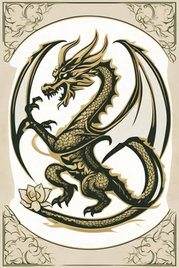 Create an elegant logo design with the side profile of a Welsh-style dragon facing left, with a white gardenia in its claw. Make the dragon a golden colour and have a circular frame.